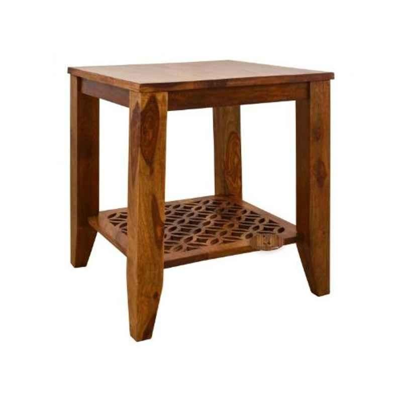 Angel Furniture 45x45x50cm Honey Finish Sheesham Wood Carved net Side Table, AF-146H