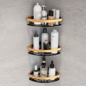 Plantex Self Adhesive Corner Shelf for Bathroom Wall/Aluminium & Stainless Steel Corner Shelf/Storage Organizer/Bathroom Accessories Set- (Pack of 3) 8x8 inch, Gold & Black