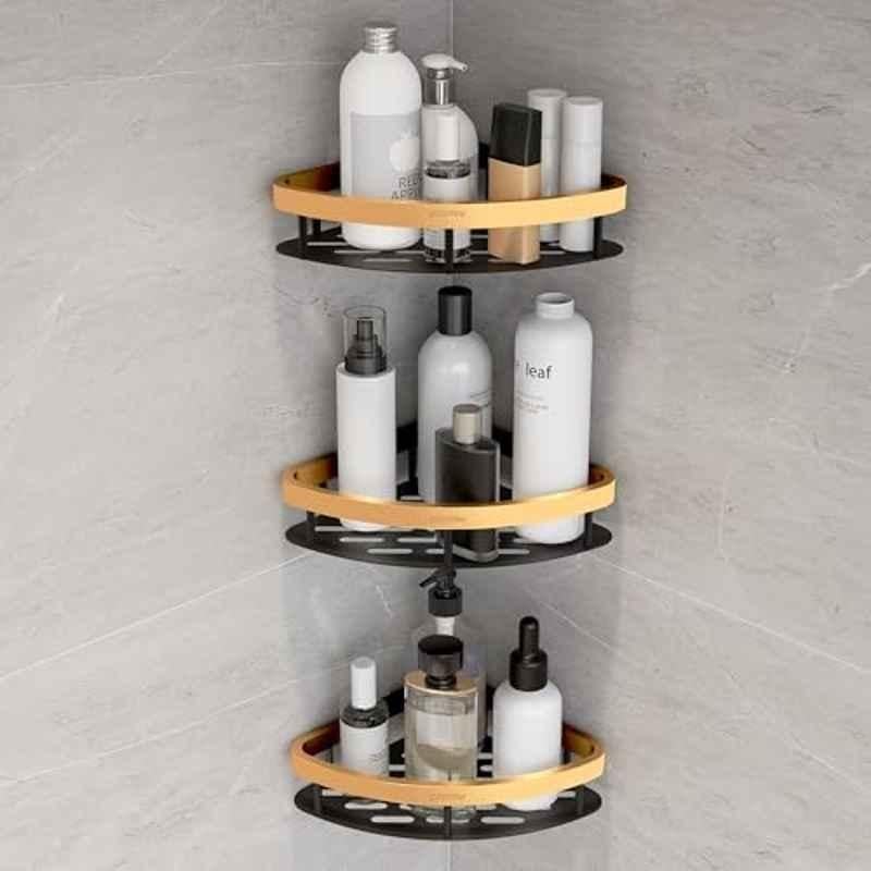Plantex Self Adhesive Corner Shelf for Bathroom Wall/Aluminium & Stainless Steel Corner Shelf/Storage Organizer/Bathroom Accessories Set- (Pack of 3) 8x8 inch, Gold & Black