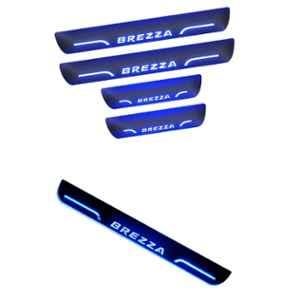 Car Accessories Hub 4 Pcs Acrylic Black Sill Scuff Plate Set with Blue LED for Maruti Suzuki Brezza New