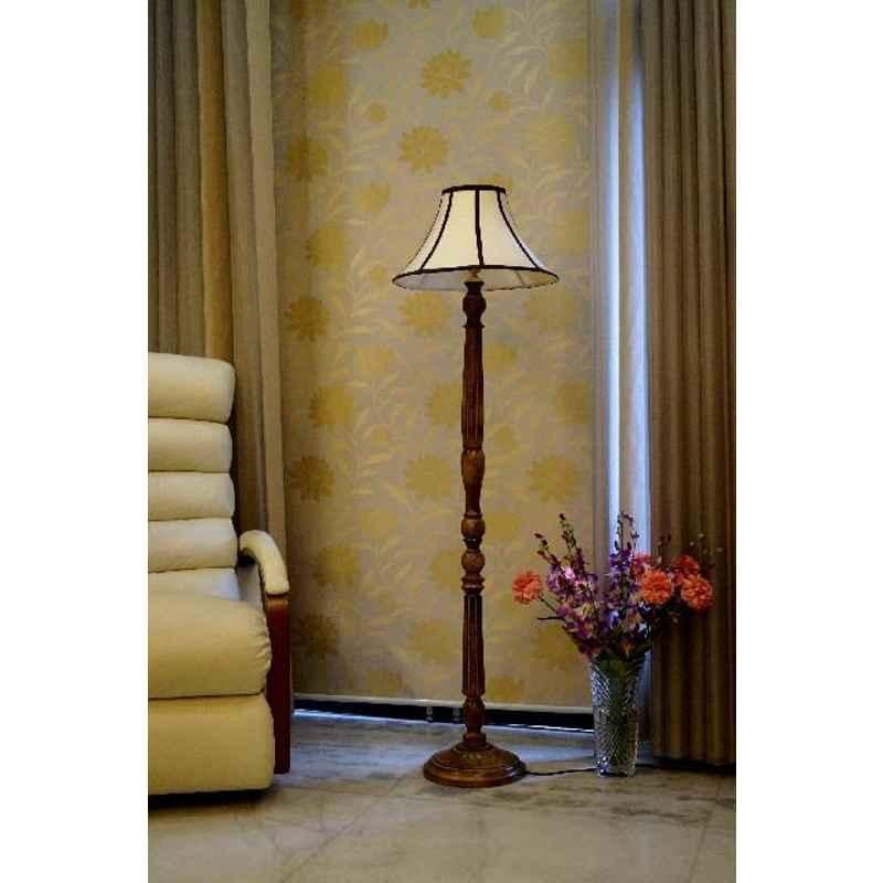 Tucasa Mango Wood Brown Floor Lamp with Stripe Conical Polycotton Shade, WF-5