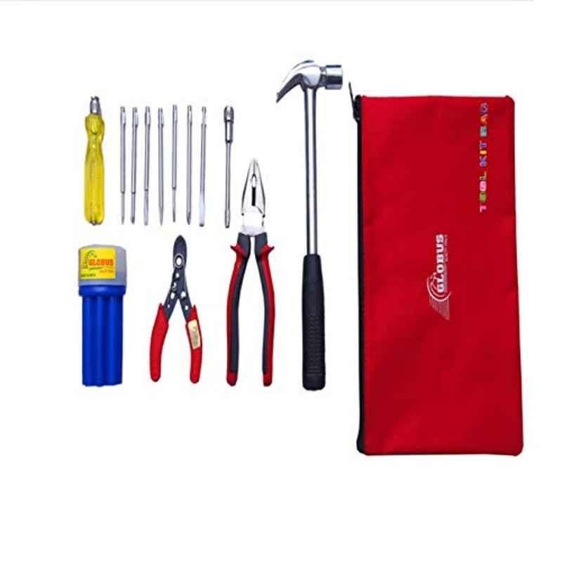 Globus 813 1 Pc Steel 1/2 LBS Hammer, 6 inch Wire Cutter, 9 Pcs Screwdriver & 8 inch Plier Hand Tool Set with Bag