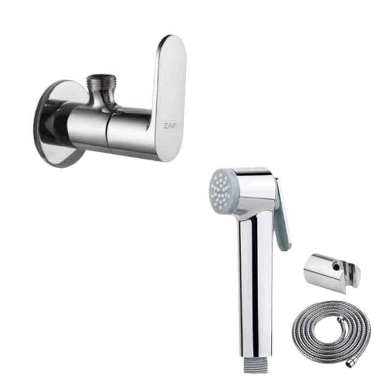 ZAP Health Faucet with Stainless Steel Tube, Wall Hook & Opel Wall Mounted Angle Valve Combo