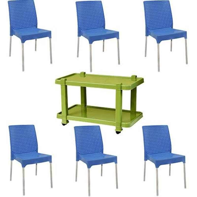 Italica 6 Pcs Polypropylene Light Blue Plasteel without Arm Chair & Green Table with Wheels Set, 1206-6/9509