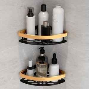 Plantex Self Adhesive Corner Shelf for Bathroom Wall/Aluminium & Stainless Steel Corner Rack/Storage Organizer/Bathroom Accessories Set- (Pack of 2) 8x8 inch, Gold & Black