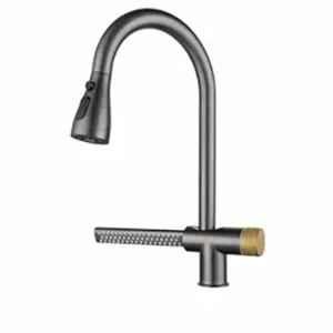 Fossa Stainless Steel Grey & Black Single Hole Kitchen Sink Faucet with Pull Down Sprayer & Waterfall Shower