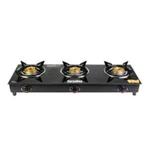 Suryaviva Photon 3 Burner Cast Iron Toughened Glass Top Gas Stove with Hose Pipe & Lighter, SVPLH03