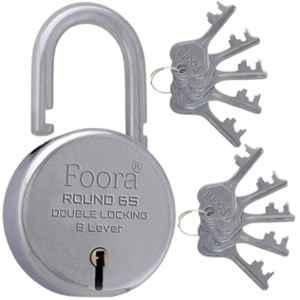 Foora 65mm Silver Steel Door Double Locking Padlock with 10 Keys, 8 Lever, Round 65