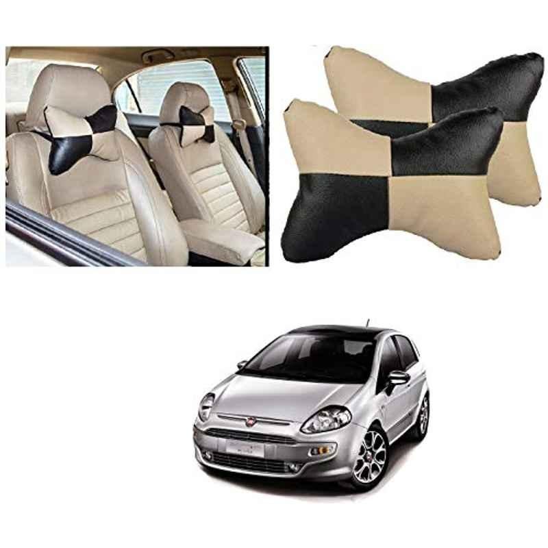 Kozdiko 2 Pcs Black & Beige Car Square Chess Design Neck Rest Seat Pillow Set for Fiat Punto Evo