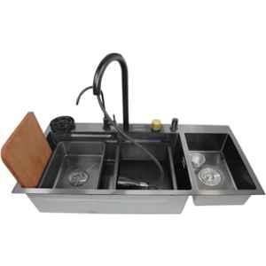Happy Homes 37x18x10 inch Stainless Steel Black Rectangular Double Bowl Kitchen Sink