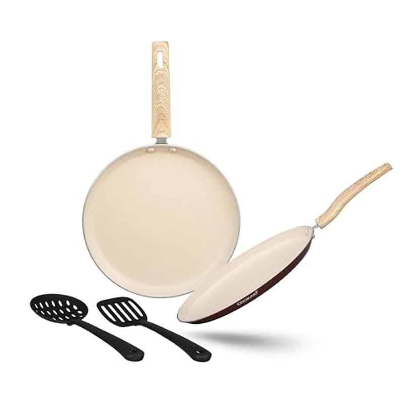 Cookaid Neo Glide 2 Pcs 25 & 28cm Aluminium Cream Non Stick PTFE Coated Dosa Tawa Set with 2 Pcs Nylon Tool, CKD-NS-DT2-07