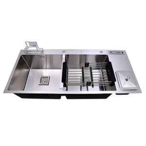 Blackado Stainless Steel Double Bowl Kitchen Sink 45x20x10 inch Chrome with Dustbin, Cutlery Holder, Knife Holder & Tap Holes