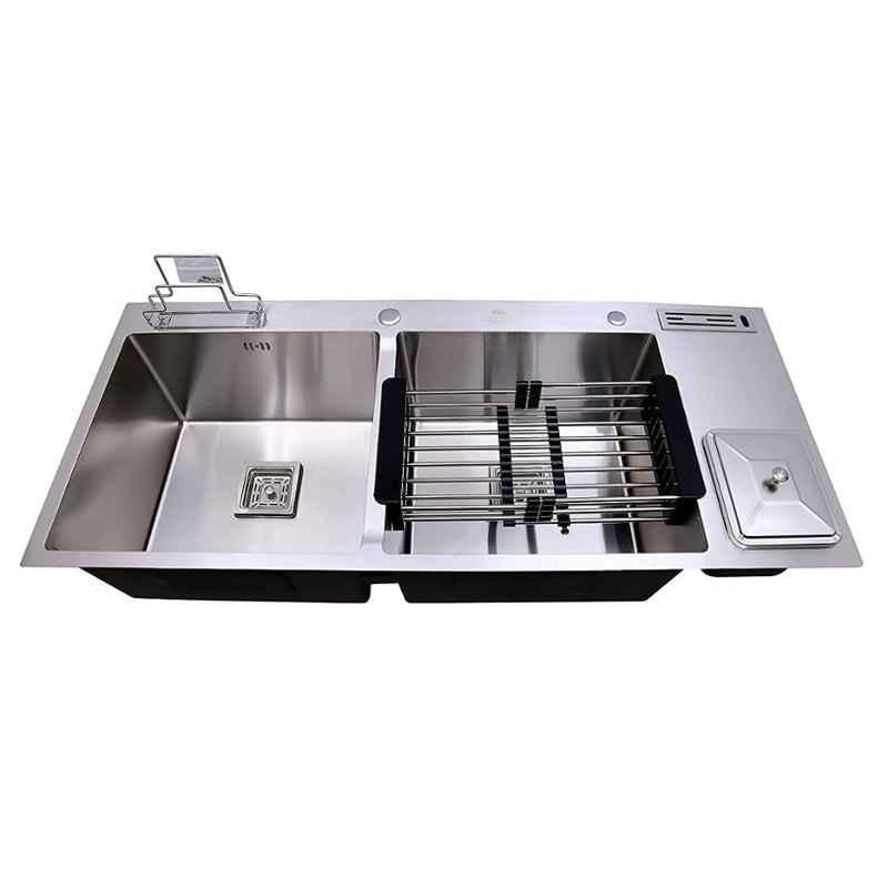BLACKADO 45x20x10 inch Stainless Steel 304 Satin Finish Double Bowl Kitchen Sink with Dustbin, Cutlery Holder, Knife Holder & Tap Holes