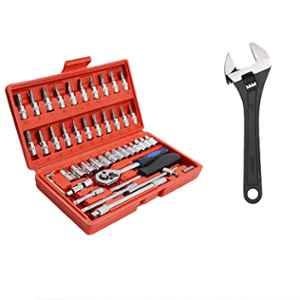Hillgrove HGCM57M1 46 Pcs 1/4 inch Chrome Vanadium Steel Ratchet Socket Spanner Set with 8 inch Adjustable Wrench, Extension Rod & Carry Box Set