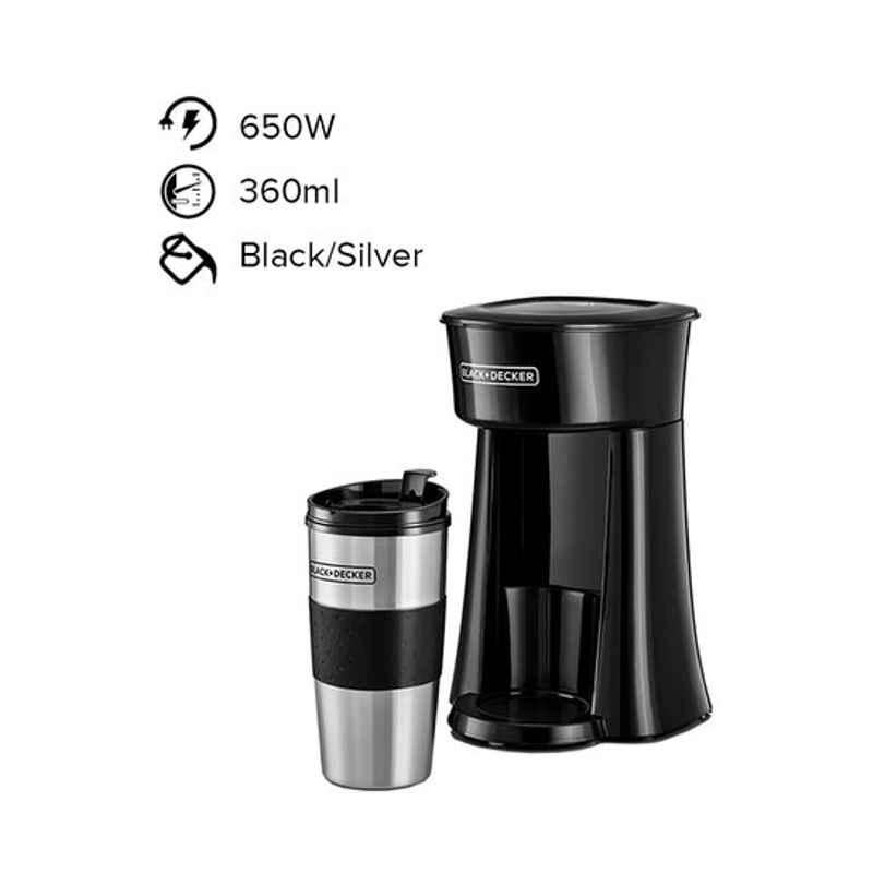 Black & Decker 650W 240V Plastic Black & Silver Coffee Maker with Travel Mug, DCT10-B5