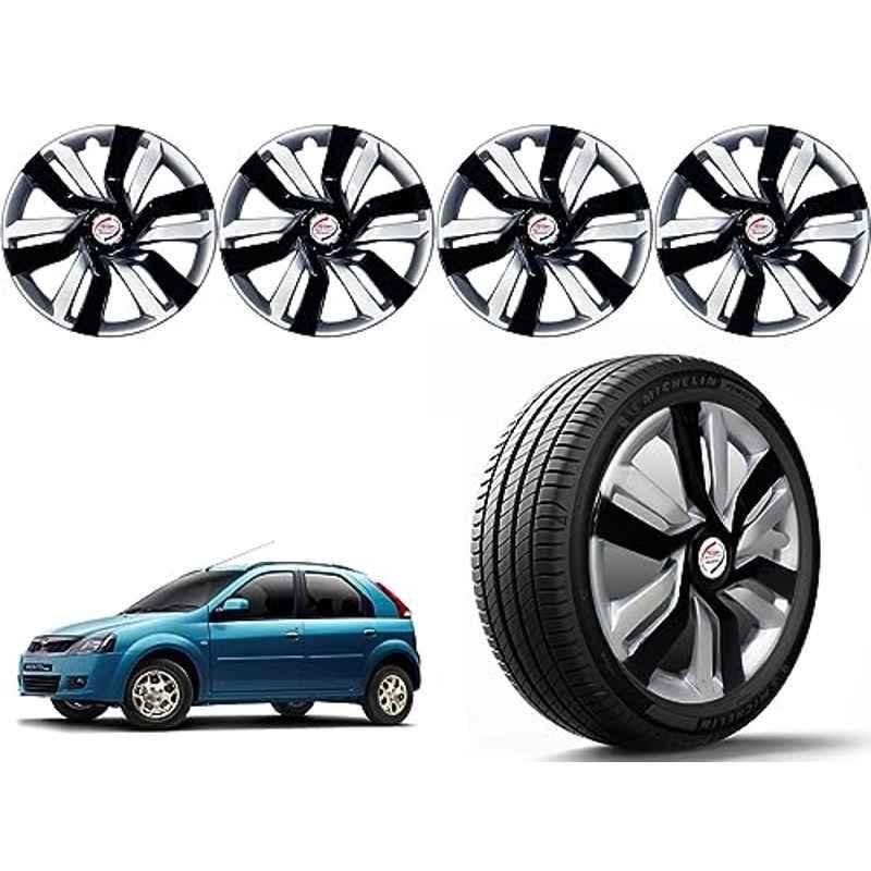 Auto Pearl 4 Pcs 14 inch Polypropylene Black & Silver Press Type Car Wheel Cover Set with Retention Ring for Mahindra Verito Vibe, 14WC_Idtec_Rev_VeritoVibe