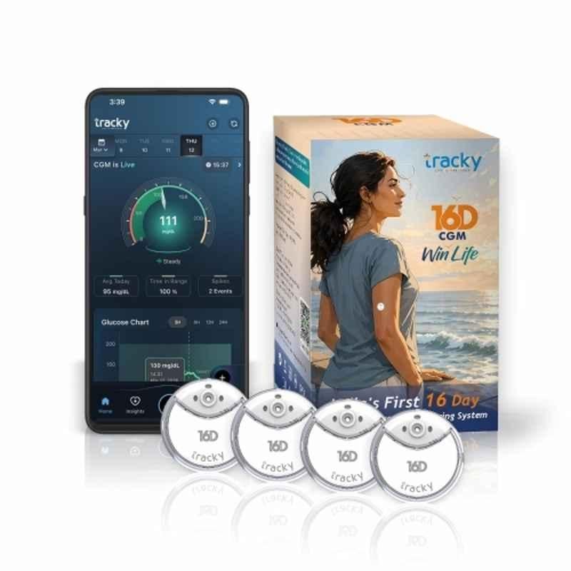 Tracky 16D CGM Continuous Glucose Monitor with 16 Days Wear, Real-Time Glucose Tracking, Smart High & Low Alerts, Factory Calibrated, App with AI Insights, Nightscout Integration, Health & Fitness Integrations (Pack of 4)
