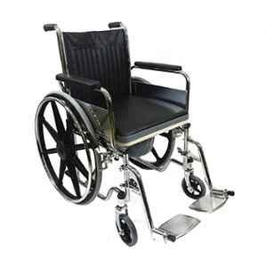 VMS Deluxe 100kg Mild Steel & Aluminium Black Foldable Commode Cum Wheelchair with Safety Belt, VWE-1031-1