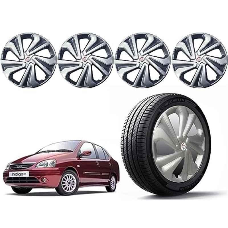 Auto Pearl 4 Pcs 14 inch Polypropylene Silver Press Type Car Wheel Cover Set with Retention Ring for Tata Indigo 2002, 14WC_Tiago_Silver_Indigo2002