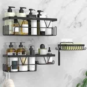 Plantex Black Bathroom Organiser Set without Drill/Self Adhesive Shelves & Soap Holder with Hooks/Multipurpose Shelf/Soap Stand/Kitchen Wall Mounted Shelf with Hooks