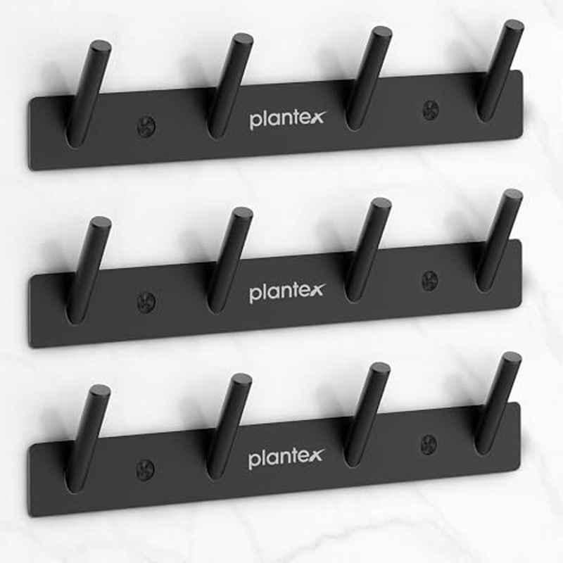 Plantex Wall Hooks for Hanging Cloth/Stainless Steel Towel Hangers/Bathroom Robe Hooks/Door Hangers/Round Wall Hook/Hook Rail for Hanging Keys 4 Hooks (Pack of 3), Z-Black