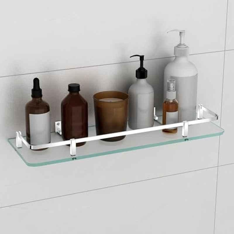Plantex Premium Frosted Glass Shelf for Bathroom/Kitchen/Living Room with Brass Railings and Brackets Bathroom Accessories 18x6 inch Chrome