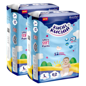 Kuchi Kuchhi 62 Pcs 9-14kg White Large Ultra Soft Baby Diaper Pant with 3D Bubble Top, KKL62X2 (Pack of 2)