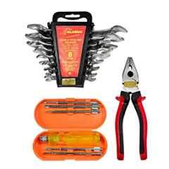 Globus 913 1 Pc Steel 8 inch Combination Plier, 6 Pcs Screwdrivers & 8 Pcs Double Open End Spanners Hand Tool Set