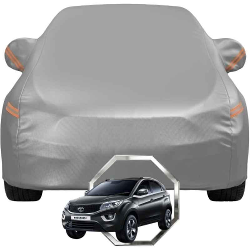 Allextreme Polyester Grey with Highlighter Car Cover with Mirror Pocket & Triple Stitched Bottom Elastic for Tata Nexon All Model & Years, TAT-NEXON-GRY