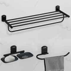 Plantex 3 Pcs Parv 304 Grade Stainless Steel Black Towel Rack for Bathroom/Double Soap Holder/Napkin Ring/Bathroom Accessories Set