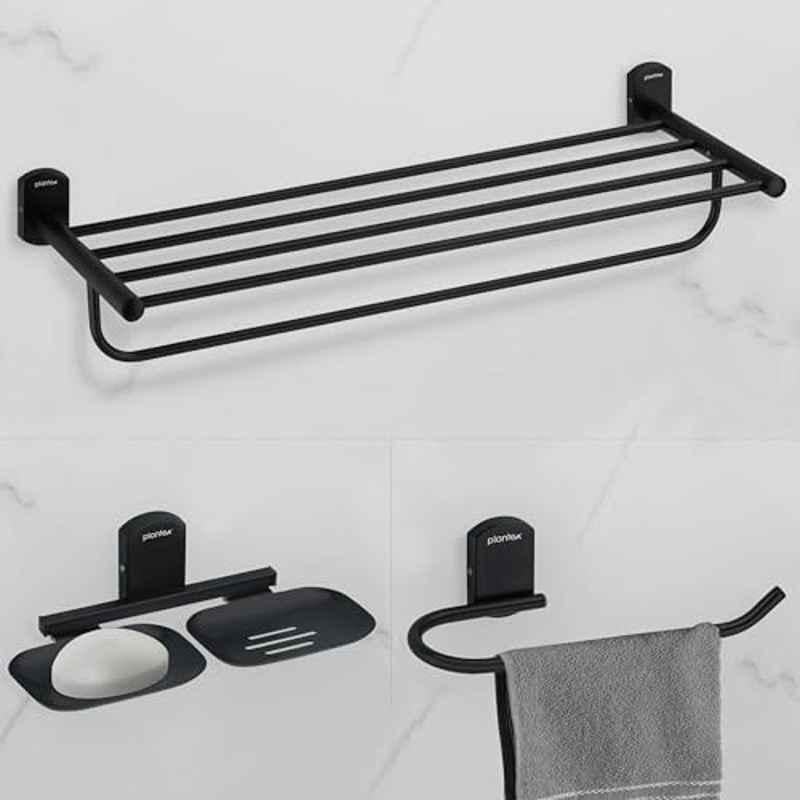 Plantex 3 Pcs Parv 304 Grade Stainless Steel Black Towel Rack for Bathroom/Double Soap Holder/Napkin Ring/Bathroom Accessories Set