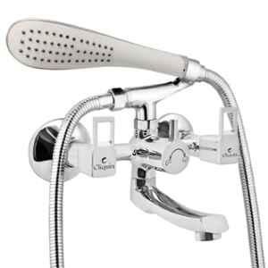 Cliquin Square Cut Vitara Brass Chrome Wall Mounted Wall Mixer with Telephonic Crutch Hand Shower & 1m Stainless Steel Shower Tube