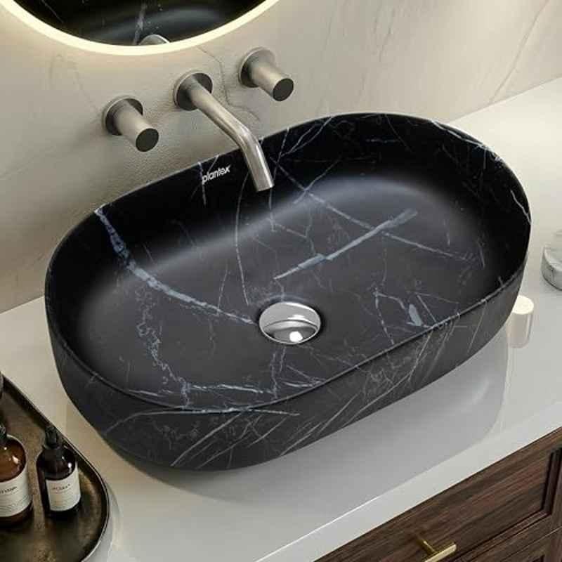 Plantex 22x13.5x6 inch Ceramic Black Washbasin/Oval Tabletop Hand Wash Basin for Bathroom/Designer Washbasin Sink for Home/Office