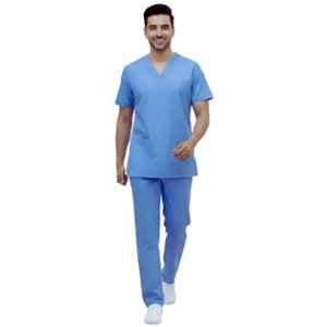 Design My Dress Bharat Polyester & Viscose Sky Blue V Neck Scrub Suit for Men, Size: XS, 1001