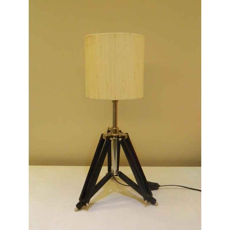 Tucasa Mango Wood Black Tripod Table Lamp with Polycotton Off White Shade, P-31