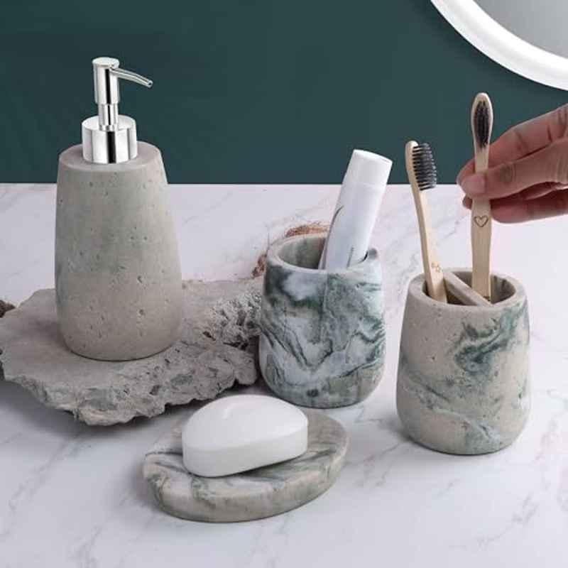 Plantex Resin Bathroom Accessories Set/Soap Holder for Bathroom/Toothbrush Holder/Tumbler Holder/Liquid Soap Dispenser 4 Pcs Marble Green & Beige