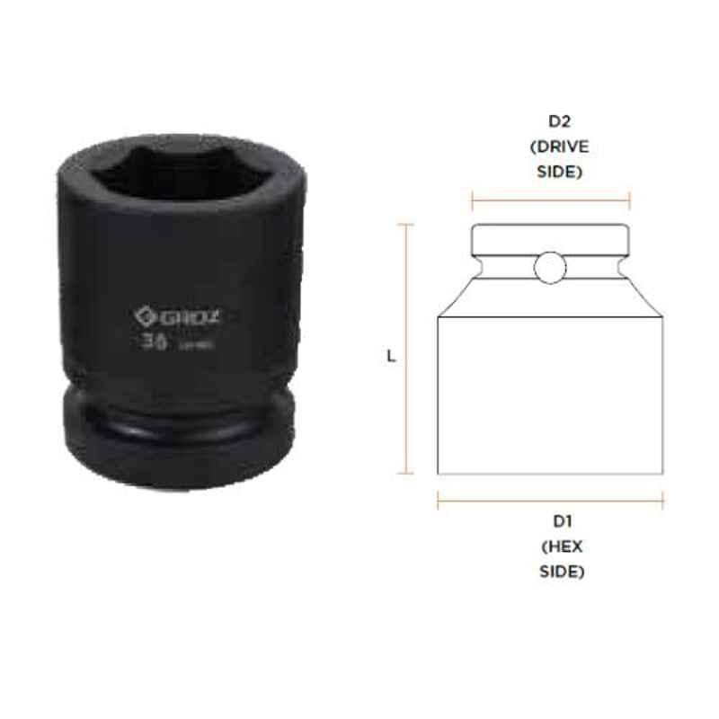 Groz 32mm 1 inch Drive Hex Impact Deep Socket, ISKT/H/0-1/32D