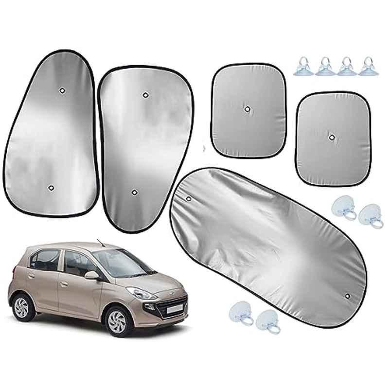 Auto Pearl 5 Pcs Polyester Black & Silver Window & Rear Sun Shade Set for Hyundai Santro Sports & Asta 2018-2022