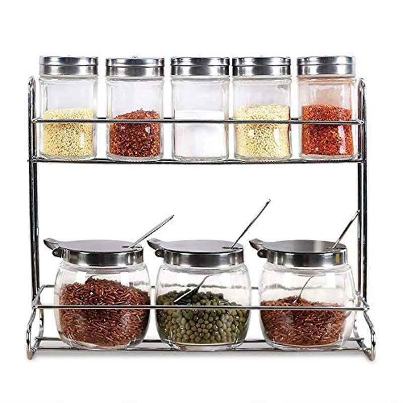 Rubik 16 Pcs Stainless Steel & Plastic Silver Spice Jar with Square Rack Holder Set
