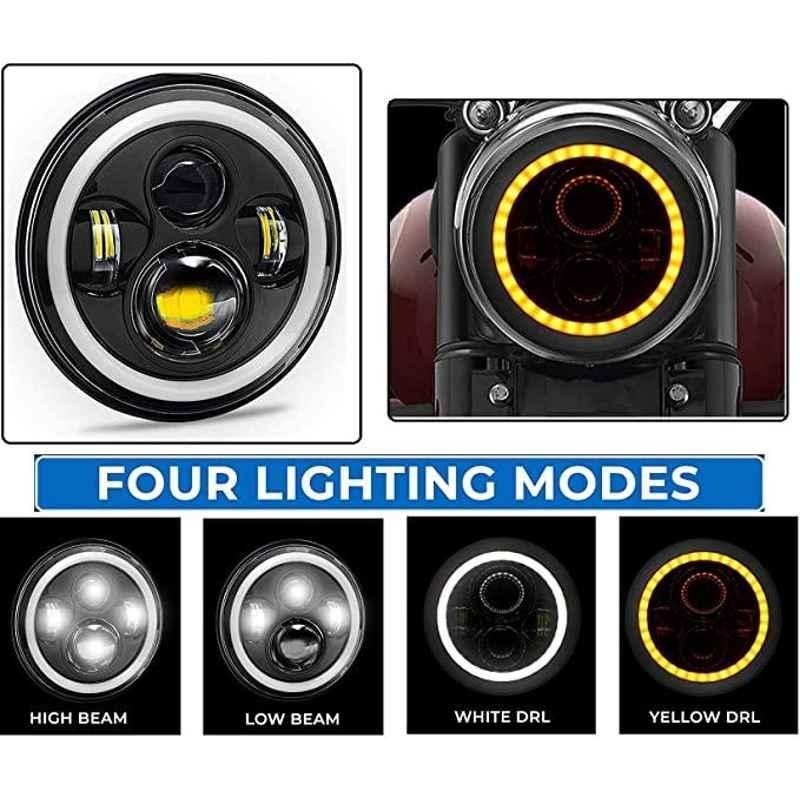 AOW 7 Inch 6 LED Headlight Dual Color DRL Ring Universal for All Royal Enfield, Mahindra Thar Jeep (White and Amber, Single Unit) H-2