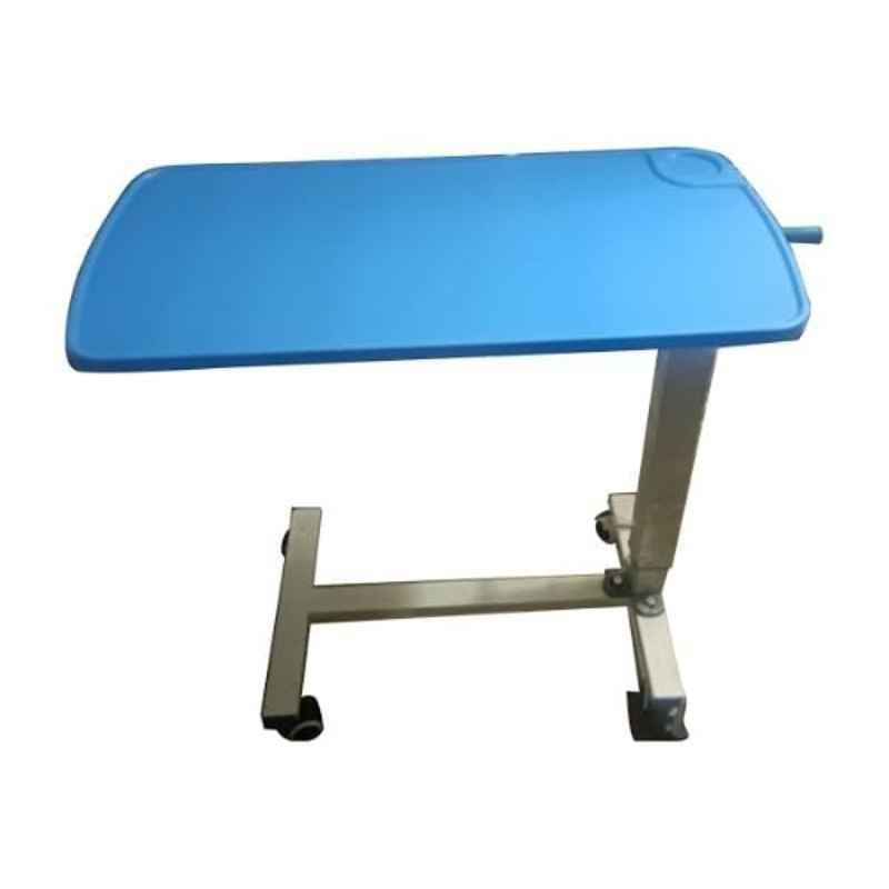 Florix Nation Metal Blue Top Adjustable Height Hospital Over Bed Table with Wheels