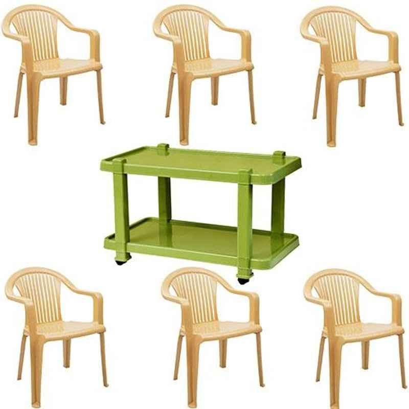 Italica 6 Pcs Polypropylene Marble Beige Premium Arm Chair & Green Table with Wheels Set, 9201-6/9509