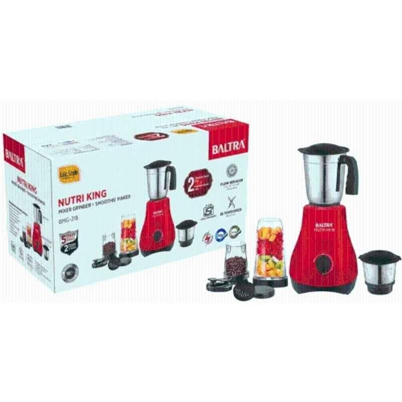 Baltra Nutri King 550W ABS Red Mixer Grinder with Polycarbonate & Stainless Steel 4 Jars, BMG-218