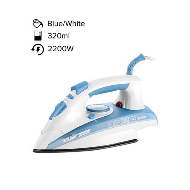 Black & Decker 2200W Blue & White Vertical Steam Iron with Non Stick Soleplate, X2000-B5