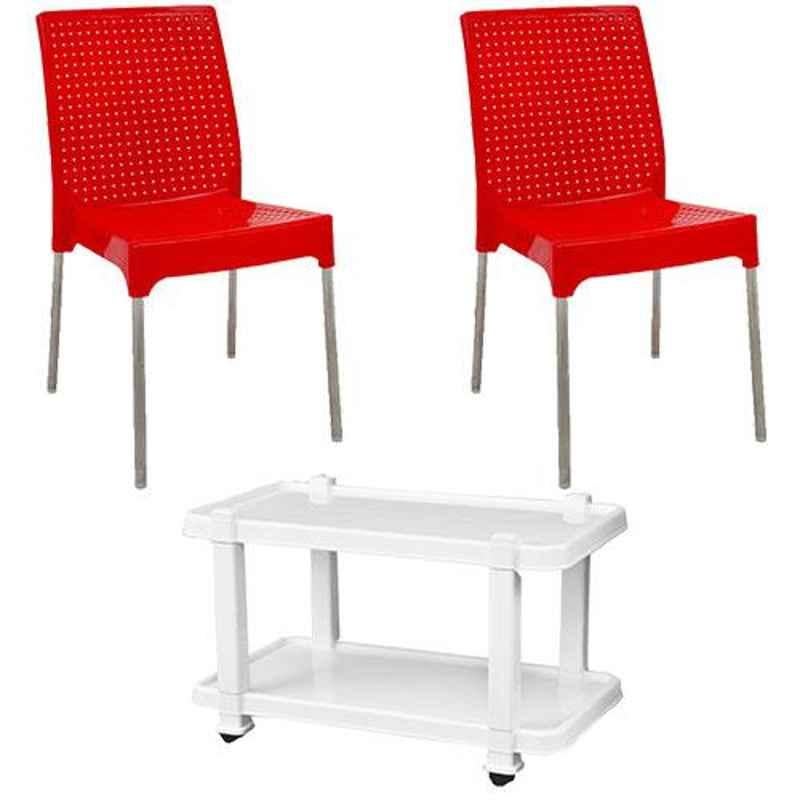 Italica 2 Pcs Polypropylene Red Plasteel without Arm Chair & White Table with Wheels Set, 1206-2/9509