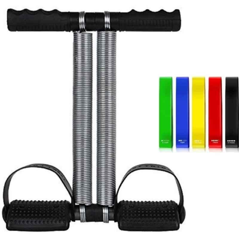 Shopeleven 120kg Stainless Steel & Plastic Double Spring Tummy Trimmer with 5 Pcs Resistance Band