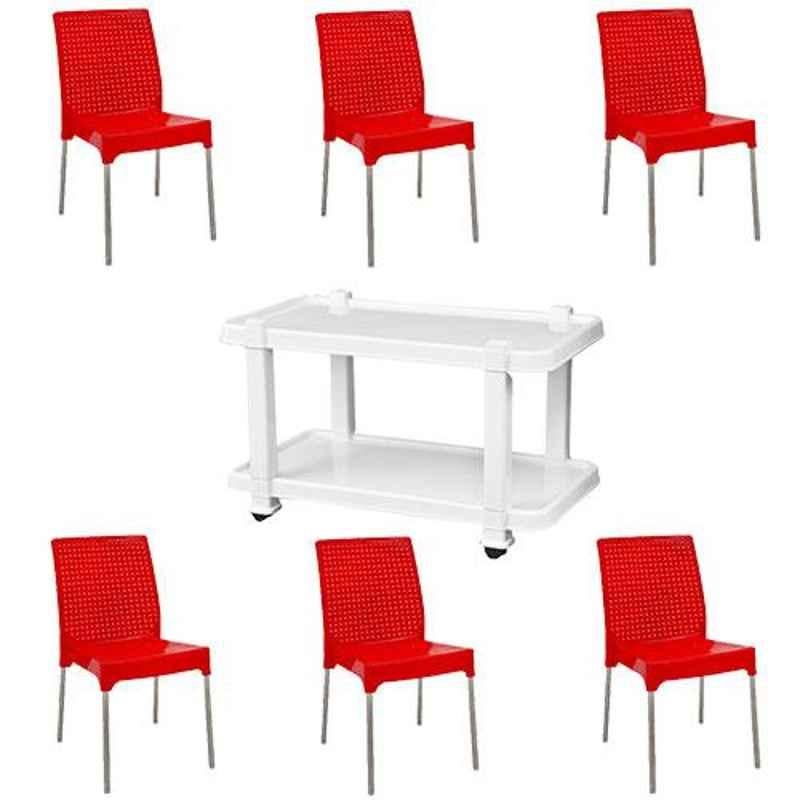 Italica 6 Pcs Polypropylene Red Plasteel without Arm Chair & White Table with Wheels Set, 1206-6/9509