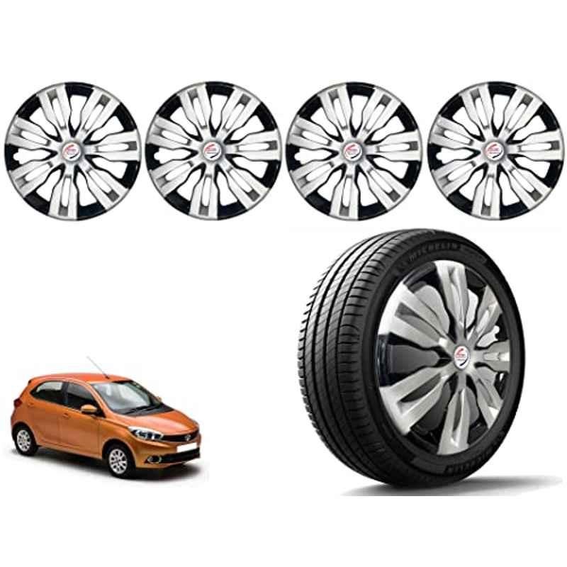 Auto Pearl 4 Pcs 14 inch Polypropylene Silver & Black Press Type Car Wheel Cover Set with Retention Ring for Tata Tiago XT & XZ 2016-2018, 14WC_DzireT2_DC_Tiago2016_18XT_XZ