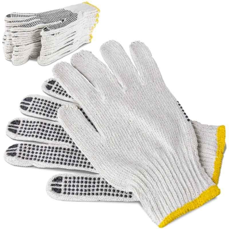 FMP Black White Firm Grip Slip Resistant Heavy Duty Cotton Knitted Dotted Safety Working Gloves