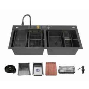Happy Homes 47x18x10 inch SS 304 Stainless Steel Black Double Bowl Kitchen Sink with Drain Basket